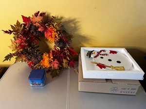 Holiday Decor - Eddie Bauer Home Snowman Plate, Fall Wreath & Tin Box (Lot of 3)