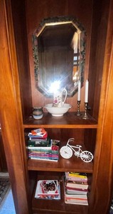 Home Decor Mixed Lot - Mirror, Pitcher, Candlesticks & Books - displayed on built in cabinet not inc