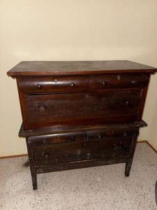 Antique Stepback Cupboard Dark Wood Two-Piece Cabinet