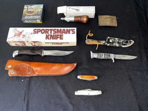 Vintage Knife Mixed Lot - Sportsmans Knife, Uncle Mikes Compass, C.A. Myers Awl & Indian Buckle