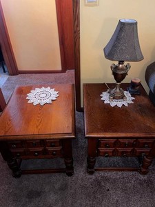 End Tables - Vintage Oak Pair With Drawers - Table Lamp Included