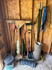 Garden Tools Mixed Lot Shovels, Rake, Log Lifter & Ditching Tool