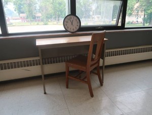 METAL DESK WITH SOLID OAK CHAIR AND WES CLOCK
