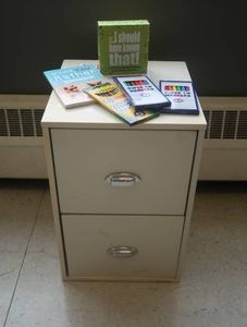 SMALL WOODEN 2 DRAWER CABINET  COLOR SUPPLIES  TRIVIA GAME