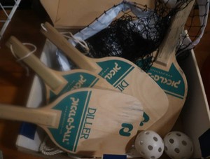 BOX OF PICKLEBALL ASSORTED ITEMS