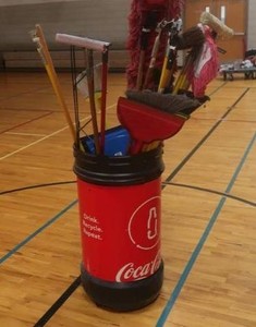 LARGE COCA COLA BIN FULL OF JANITORIAL EQUIPMENT