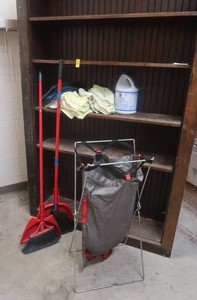 NICE NEW SHOP RAGS AND BLEACH AND BROOMS AND LAUNDRY BASKET
