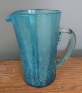 VINTAGE ANTIQUE  HAND BLOWN AQUA GLASS PITCHER