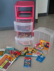 STERILITE CONTAINER FULL OF NEW SCHOOL SUPPLIES