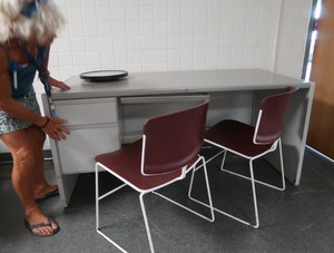 DESK, CHAIRS, CLOCK