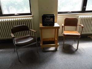 LITTLE WOODEN TABLE WITH 2 CHAIRS.