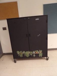 HEAVY BLACK STORAGE CABINET ON HEAVY DUTY CASTERS