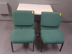 TWO BLUE-GREEN CHAIRS WITH TABLE