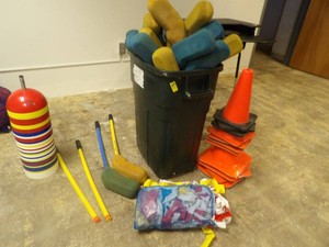 LARGE LOT OF KIDS FOAM HOCKEY STICKS, MARKERS , CONES AND MORE