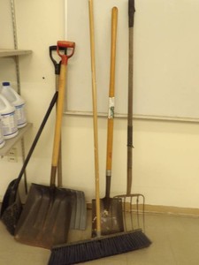 3 SHOVELS, 6 TINE PITCH FORK, NEW GARAGE BROOM AND DUST PAN