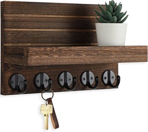 $15 Lwenki Key Holder for Wall, Decorative Key and Mail Holder with Shelf Has Large Key Hooks for Bags, Coats   Paulownia Wood Key Hanger with Mounting Hardware (9.8W x 6.7H x 4.2D) (Brown)