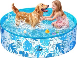 $40 SLOOSH Foldable Dog Kiddie Pool - Portable Hard Plastic Kids Doggie Swimming Pool, Anti-Slip Thick PVC Collapsible Pets Cats Whelping Box Puppy Bathtub (48 x 12)