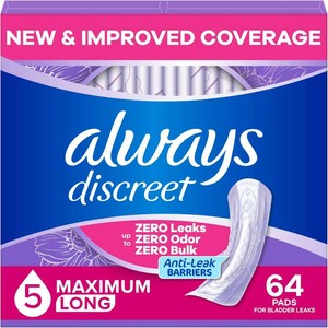 $23 Always Discreet Adult Incontinence Pads for Women, Drier, 5 Drop Long Length, Heavy Absorbency, Pads for Bladder Control Management, Bladder Leaks, & Postpartum Pads, 64ct