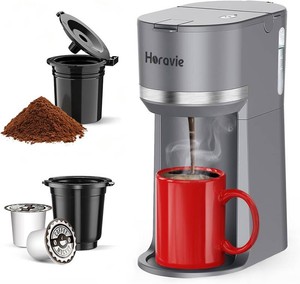 $36 Horavie Mini Single Serve Coffee Maker for K Cup Pods and Ground Coffee, Fast Brew One Cup Coffee Machine with Descaling Reminder and Water Window, 6 to 12 oz. Brew Sizes, Gray