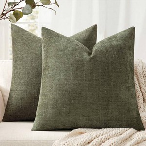 $19 ANRODUO Pack of 2 Decorative Textured Throw Pillow Covers Soft Olive Green Square Accent Solid Chenille Cushion Cover Cozy Farmhouse Pillow Case for Couch Sofa Bed Living Room Summer Decor 20x20 Inch