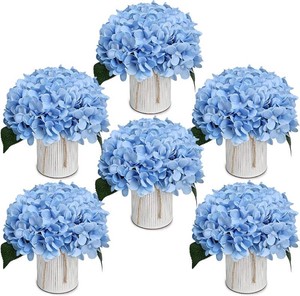 $40 Flower Table Centerpieces - Set of 6 Floral Arrangement Artificial Wedding Hydrangeas Floral Arrangement with Rustic Metal Vase for Bridal Tea Party Event Decorations - Pastel Blue