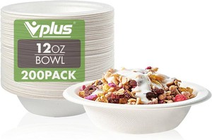 $23 Vplus 200 Pack 12 OZ Paper Bowls, Disposable Compostable Bulk, Eco-friendly Bagasse, Heavy-duty Bowls Perfect for Milk Cereals, Snacks, Salads