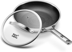 $29 Roomena Non Stick Frying Pans Hybrid Ceramic With Lid, 12 Inch Tri-Ply Stainless Steel Skillet, Non-Toxic, PFASPFOAPTFE Free, Metal Utensil Safe, Dishwasher & Oven Safe,Induction Compatible