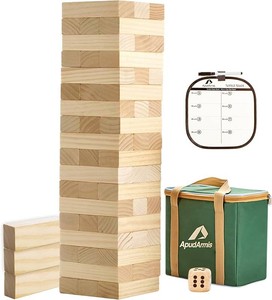 $29 ApudArmis 54 PCS Tumble Timber Set Up to 3.2FT, Pine Wooden Tumble Tower Game with Dice and Scoreboard Set - Classic Block Stacking Board Game for Teens Adults