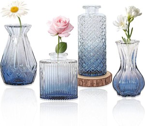 $13 Set of 4 Glass Bud Vase Set, Small Vintage Clear Flower Vase Centerpieces for Table Bulk Cute Rustic Style Mini Vase for Home Decor Wedding Baby Shower Birthday Party(Ombre Blue)