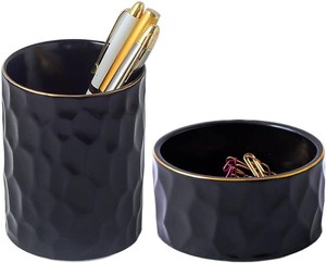 $17 Aesthetic Desk Organizer Set of 2 For Office, Ceramic Pen Holder and Paper Clip Holder Dispenser, Cute Pencil Cup Pot for Desk, Desktop Accessories For Women Men, Office Decor Ideal Gifts (Black Set)