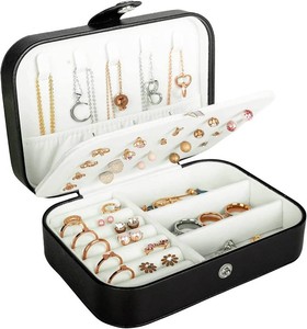 Hatori Travel Jewelry Box, PU Leather Small Jewelry Organizer for Women Girls, Double Layer Portable Mini Travel Case Display Storage Holder Boxes for Stud Earrings, Rings (Black)