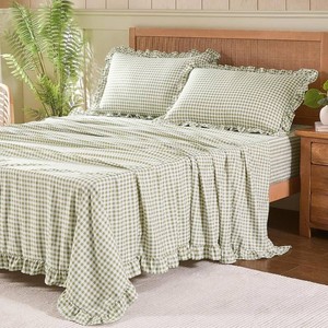 $37 Gingham Queen Sheet Set, Lightweight Super Soft Brushed Microfiber Plaid Bed Sheets with 16 Deep Pocket, 4 Piece Ruffle Farmhouse Bedroom Decor, Sage Green