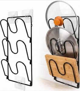 $15 2 Pack Pot Lid Organizer Rack for Cabinet DoorWall, 6-Tier Pot Lid Holders inside Cabinet Door, No Drilling Adhesive WallDoor Mounted Rustproof Pots and Pans Lid Organizers for Kitchen Storage Black