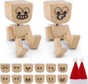 $13 2PCS Shaking Feet Wooden Doll, Tiny Wooden Shaking Man Doll with Spring Legs with 12pcs Magnetic Expressions Funny Cars Ornaments Wood Desktop Decor, Car Dashboard Accessories
