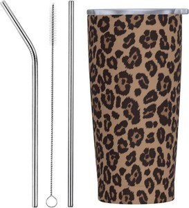 $18 Leopard Print Tumbler 20oz Stainless Steel Insulated Tumblers with Lid Straw Cups Brown Cheetah African Wild Animal Skin Classic Travel Coffee Mug Tea Wine Cup Water Bottle for Women Men