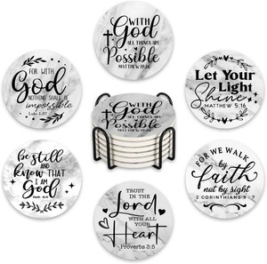 $16 Christian Ceramic Coasters with Holder Set of 6, Religious Jesus God Bible Verse Absorbent Drink Cup Mat for Coffee Table Protection, 4 Scripture Home Kitchen Decor Housewarming Gifts