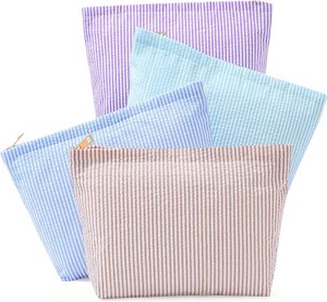$20 Sanwuta 4 Pcs Seersucker Makeup Bag for Women Stripe Cosmetic Bag Travel Toiletry Organizer Preppy Storage Pouch Valentines Galentines Gifts for Wedding Bridesmaid Mom(Blue, Khaki, Purple, Lake Blue)