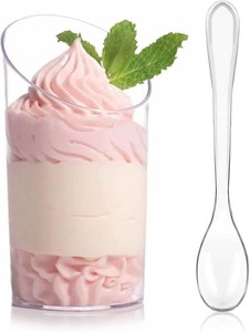 $15 Zezzxu 50 Pack Mini Dessert Cups with Spoons, 2.2 oz Plastic Small Dessert Shotter Cups Slanted Appetizer Cups for Serving Mousse Pudding Triffle