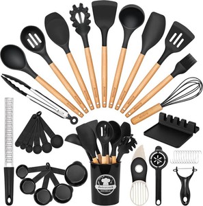 $20 Astercook 39 PCS Kitchen Utensils Set, Silicone Cooking Utensil Sets with Wooden Handle, 446 F Heat Resistant Food Grade Spatula Set, BPA Free Kitchen Gadgets Tools Set & Spoons for Nonstick Cookware