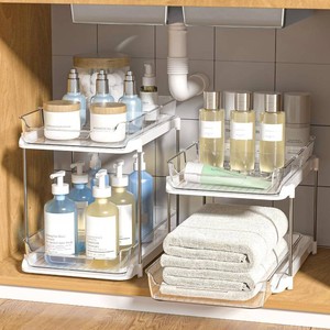 $26 Delamu 2-Tier Multi-Purpose Bathroom Under Sink Organizers and Storage, Stackable Kitchen Pantry Organization, Pull Out Medicine Cabinet Organizer with Movable Dividers, White, 2 Pack