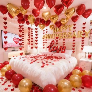 $16 Anniversary Decorations, Happy Anniversary Banner, Hanging String Hearts, Red and Gold Balloons, Love Balloon, Red Silk Rose Petals for Wedding Bridal Shower Bachelorette Party Decorations