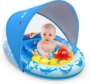 $26 EZIGO Baby Pool Float with Canopy UPF50 Sun Protection, Inflatable Kids Pool Floats with Ocean Animal Toys for Baby 6-36 Months, Infant Swimming Float with Adjustable Safety Seat for Boys Girls