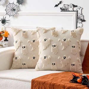 UGASA Halloween Pillow Covers 20x20 Inch Set of 2 Cute Little Ghosts Throws Pillowcases Spooky Embroidery Soft Plush Faux Wool Cushion Cases for Fall Decor Gift Couch Sofa Chair Bedroom, Beige
