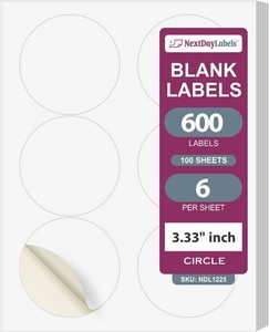 $28 NextDayLabels 3.33 Inch Round Circle Stickers White Blank Labels for Laser Inkjet Printer - 6 Per Sheet Self-Adhesive Product Packaging Logo Made in USA - 600 Labels