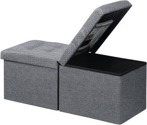 $34 AmasSmile Storage Bench Folding Ottoman Foot Rest Stool, 34 inch Grey Linen Footstool, Short Ottoman Bench, Foot Rest Store as Books, and Blanket Storage or Others