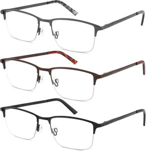 $18 3-Pack Reading Glasses for Men Blue Light Blocking Fashion Metal Half Wide Frame Readers Semi Rimless Eyeglasses