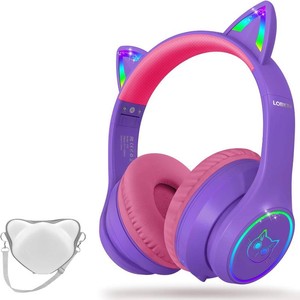 $25 LOBKIN Bluetooth 5.4 Kids Headphones with Case - RGB LED Light Up Cat Ears Foldable Adjustable Over Ear Headphone Support Wireless or 3.5mm Wired Mode for Toddler & Girls & Boys Teens