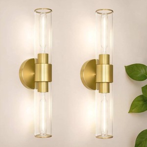 $80 Brushed Gold Wall Sconces Set of 2 (Hardwired Only), Bathroom Vanity Light Fixtures, Modern Cylinder Glass Wall Lights for Mirror 28-40 in Height, NOT Battery Operated, E26 Base (Bulbs Not Included) (Missing hardware)