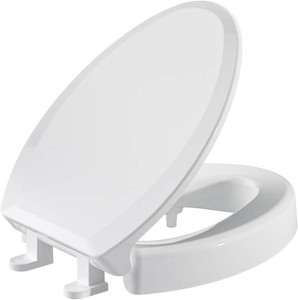 $60 SAMODRA Raised Toilet Seat Riser, White, 3 Inch High Elevated Toilet Seat for Seniors, Soft Close, Easy Install & Clean (Elongated)