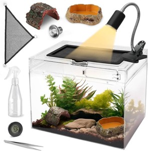 $43 AZV Reptile Tank Starter Kit,8 Piece Escape Proof Hermit Crab Cage Small  All In One Lizard Terrarium,Multi-Vent Compatible Gecko Habitat,Clear PC Material Frog Enclosure,Easy-Clean Waterproof Base